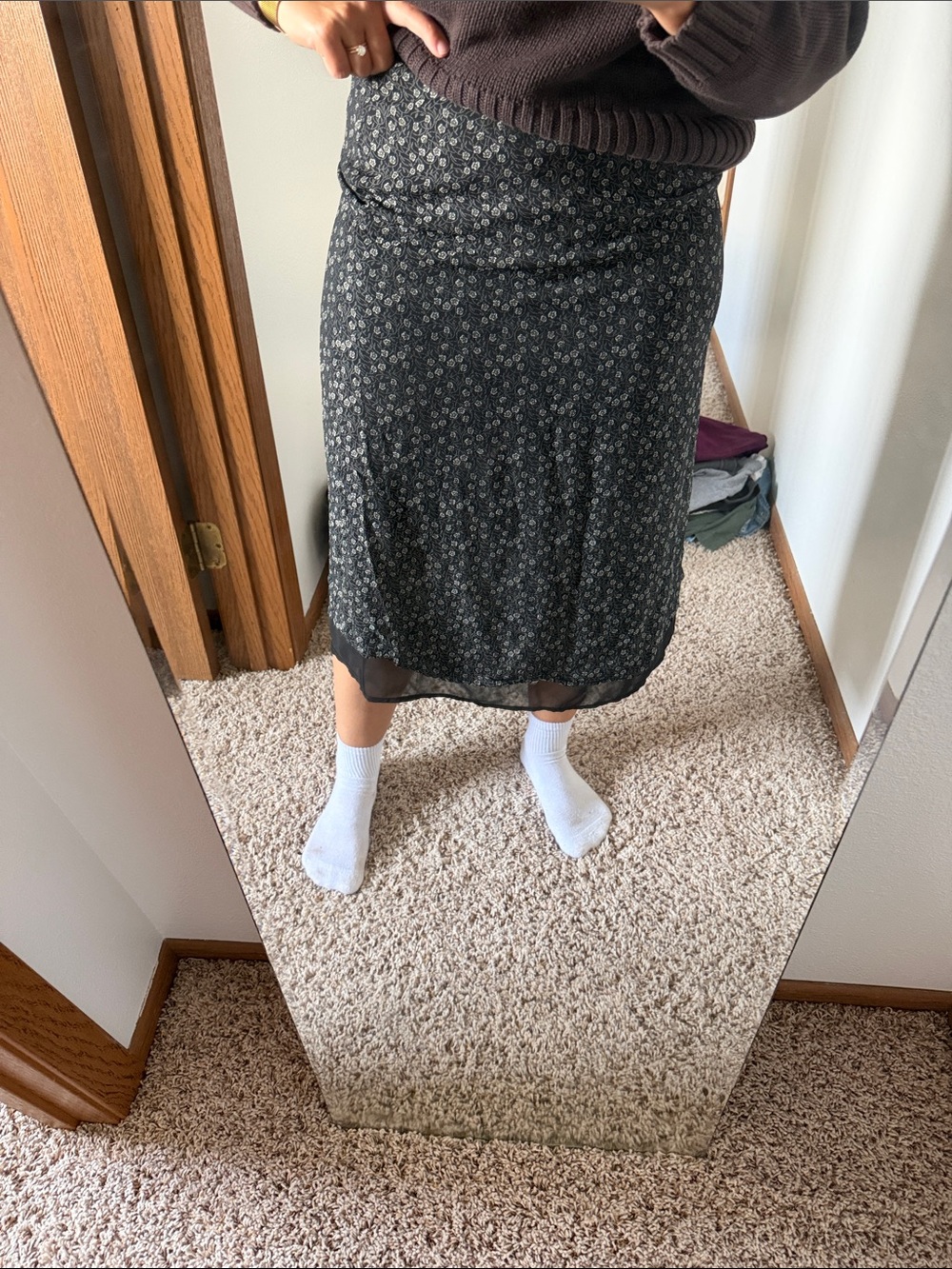 Talbots Black Floral Midi Skirt with Sheer Hem